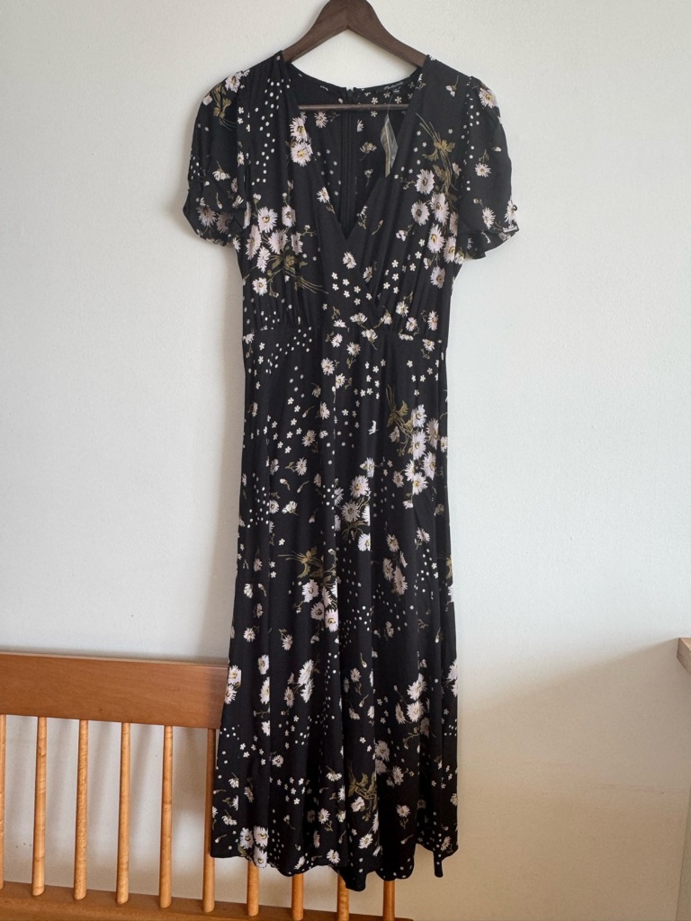 Black Floral Faux-Wrap Midi Dress